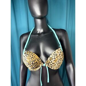 Victoria's Secret Leopard Print Push Up Halter Bikini Top Turquoise 34B 36007510